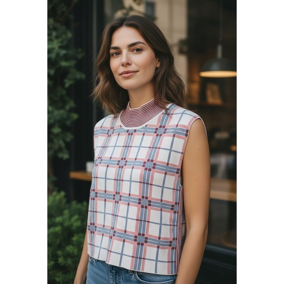 Veronica Beard Sweaters - Veronica Beard Rayon Blend‎ Plaid Sweater Vest Top Shoulder Pads Small